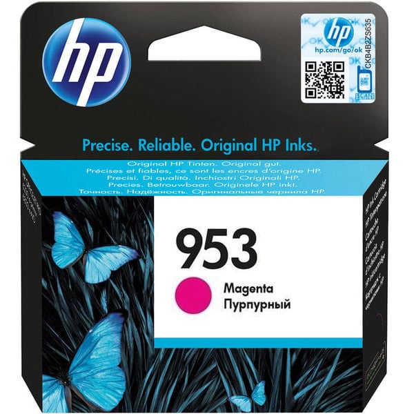 HP 953 magentafärgad bläckpatron med kapacitet för 630 sidor, förpackning med blå fjärilar på svart bakgrund