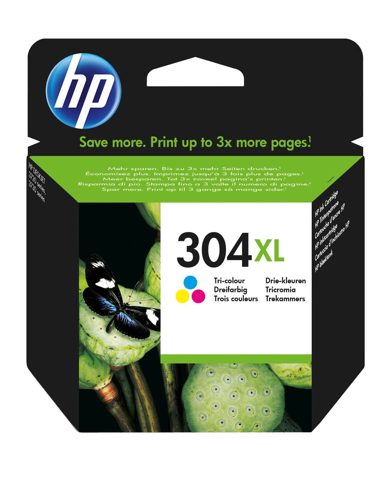 HP 304XL 3-färg bläckpatron med grönt och svart design, visar en fjäril och gröna frukter på förpackningen