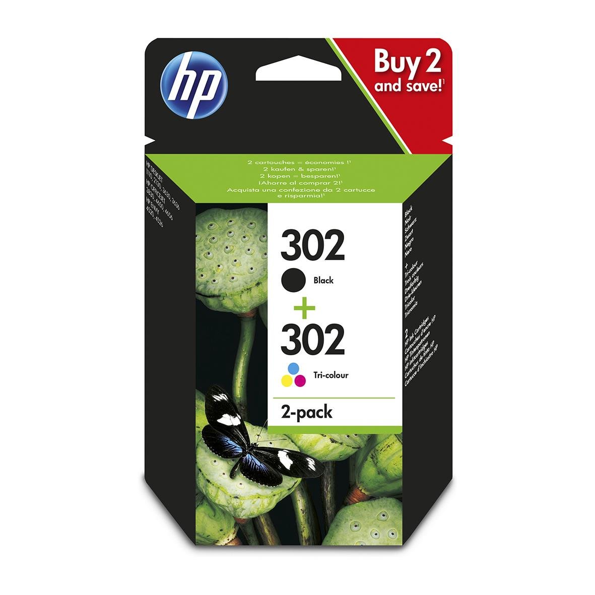 HP 302 X4D37AE 2-pack bläckpatroner i svart och tricolour, för skrivare, förpackning med erbjudande Buy 2 and save