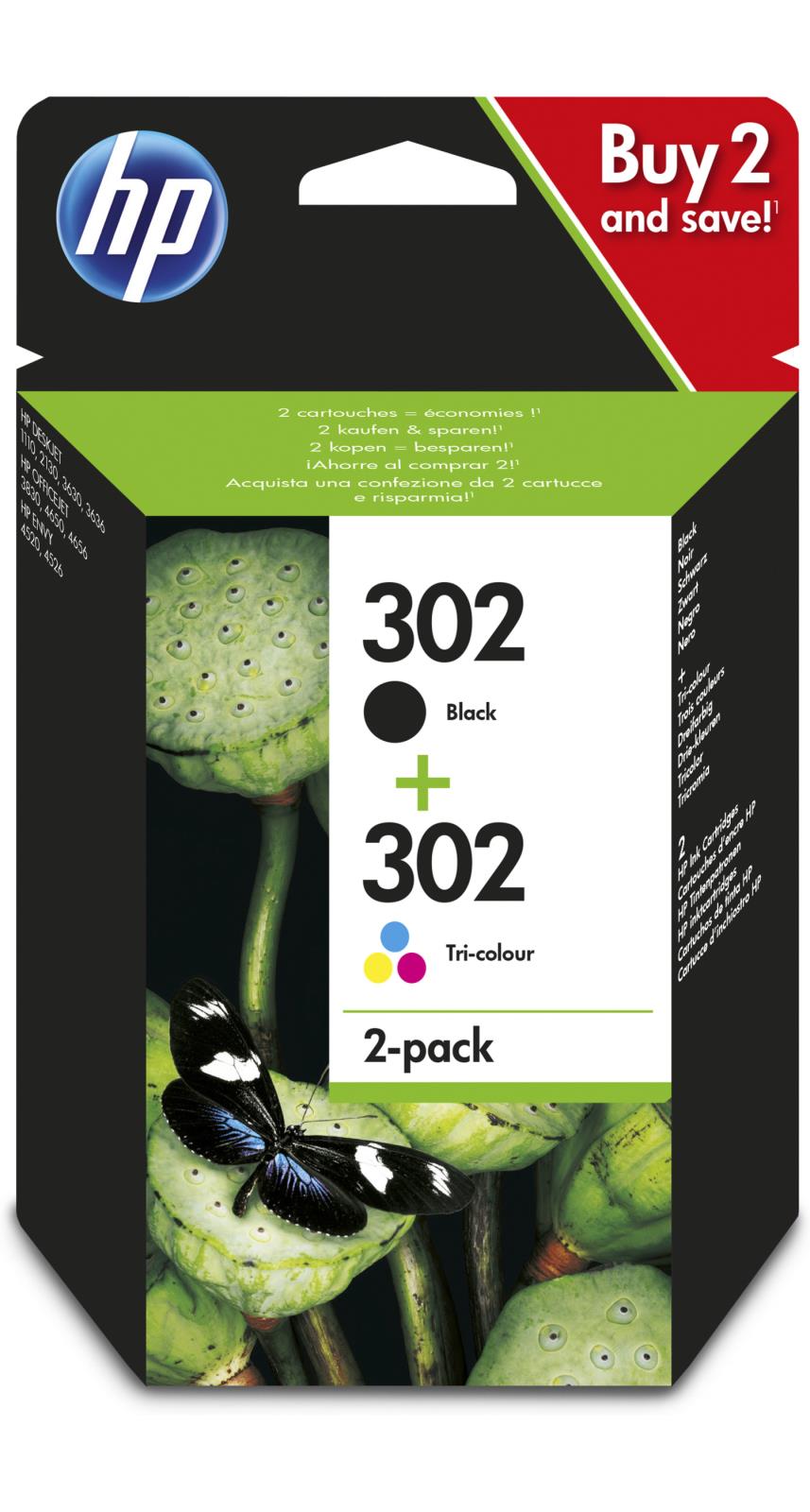 HP 302 X4D37AE 2-pack bläckpatroner i svart och tricolour, för skrivare, förpackning med erbjudande Buy 2 and save