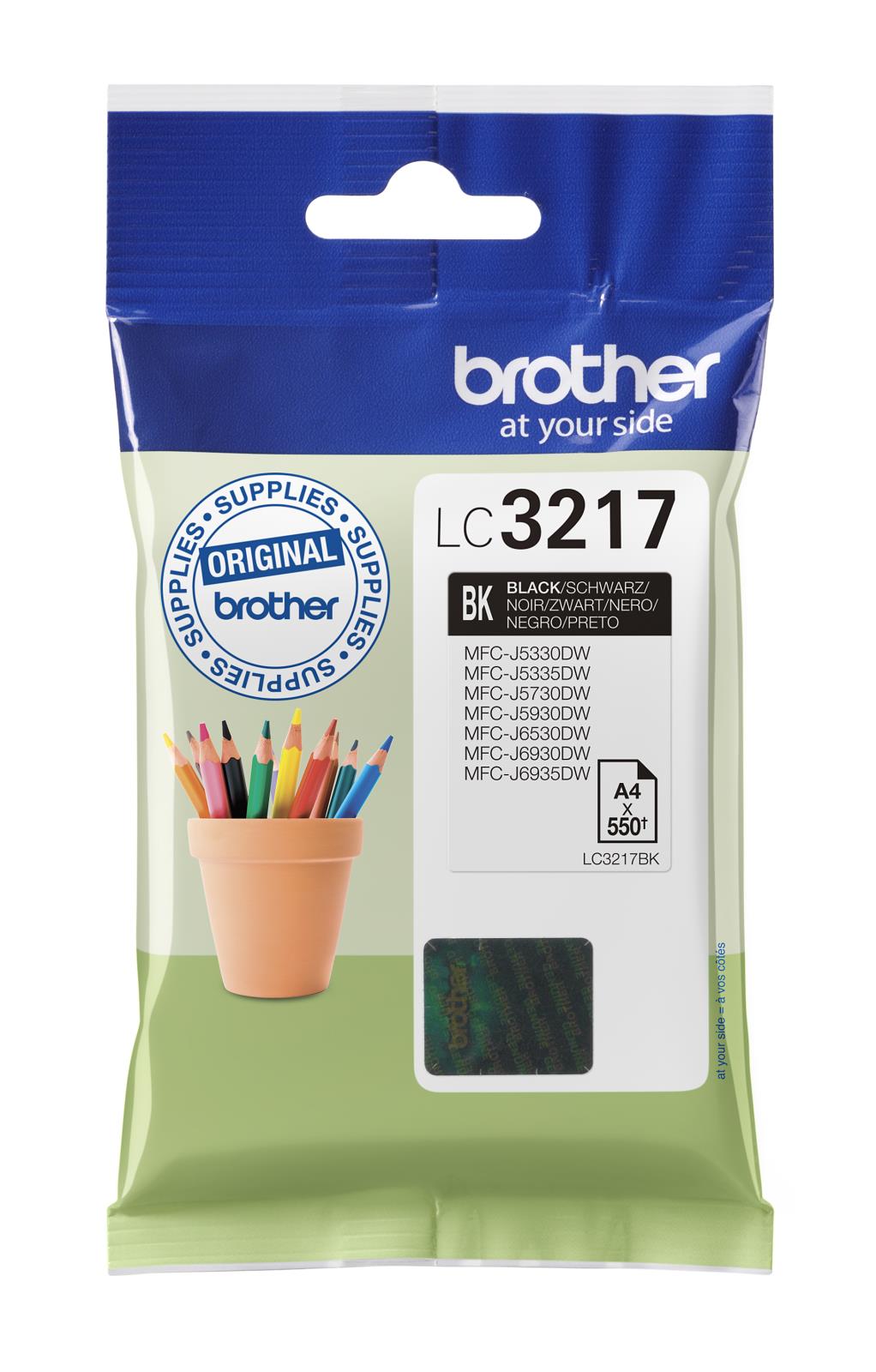 Bläckpatron Brother 550 Sidor LC3217BK Svart i förpackning med färgpennor på en kruka