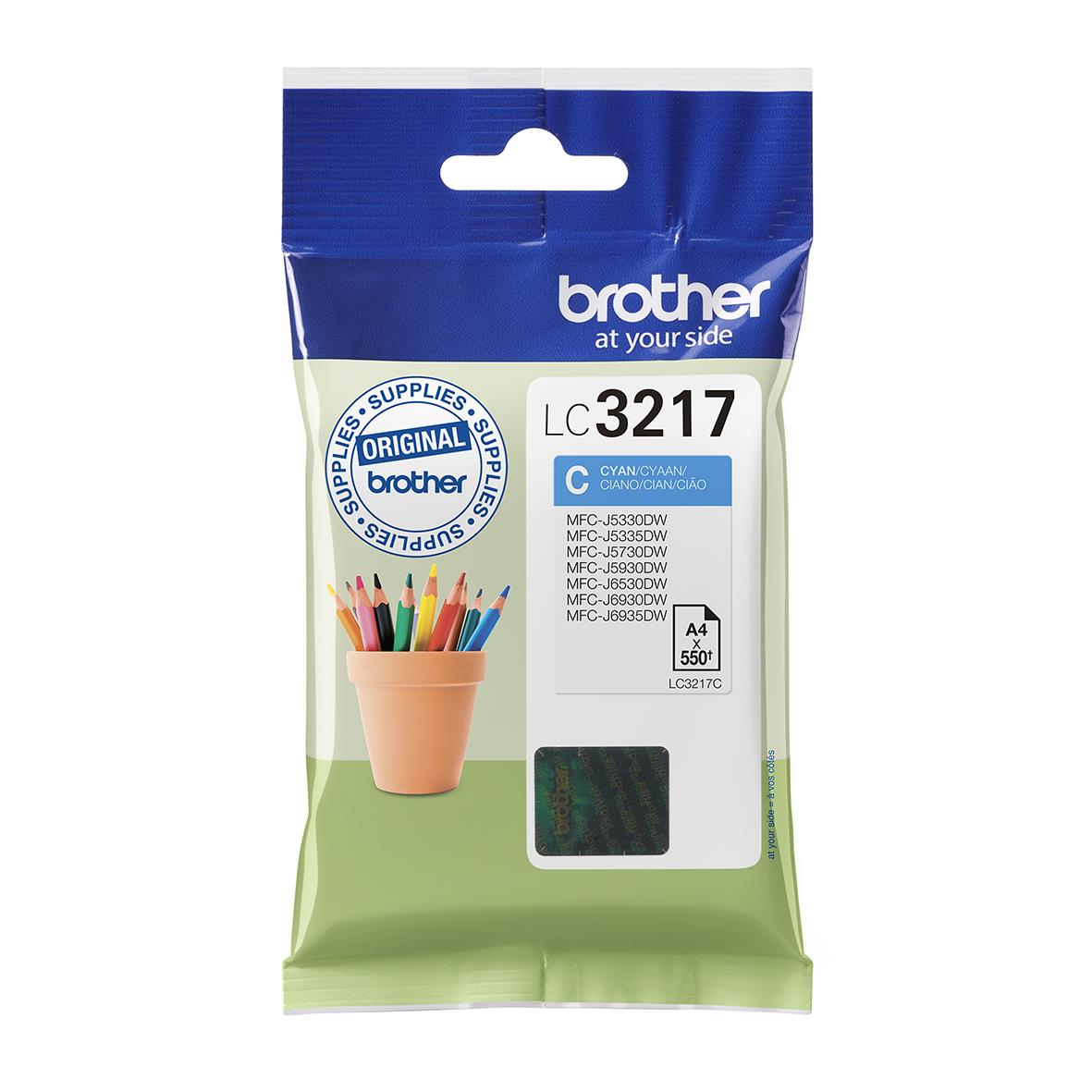 Bläckpatron Brother 550 Sidor LC3217C Cyan i förpackning