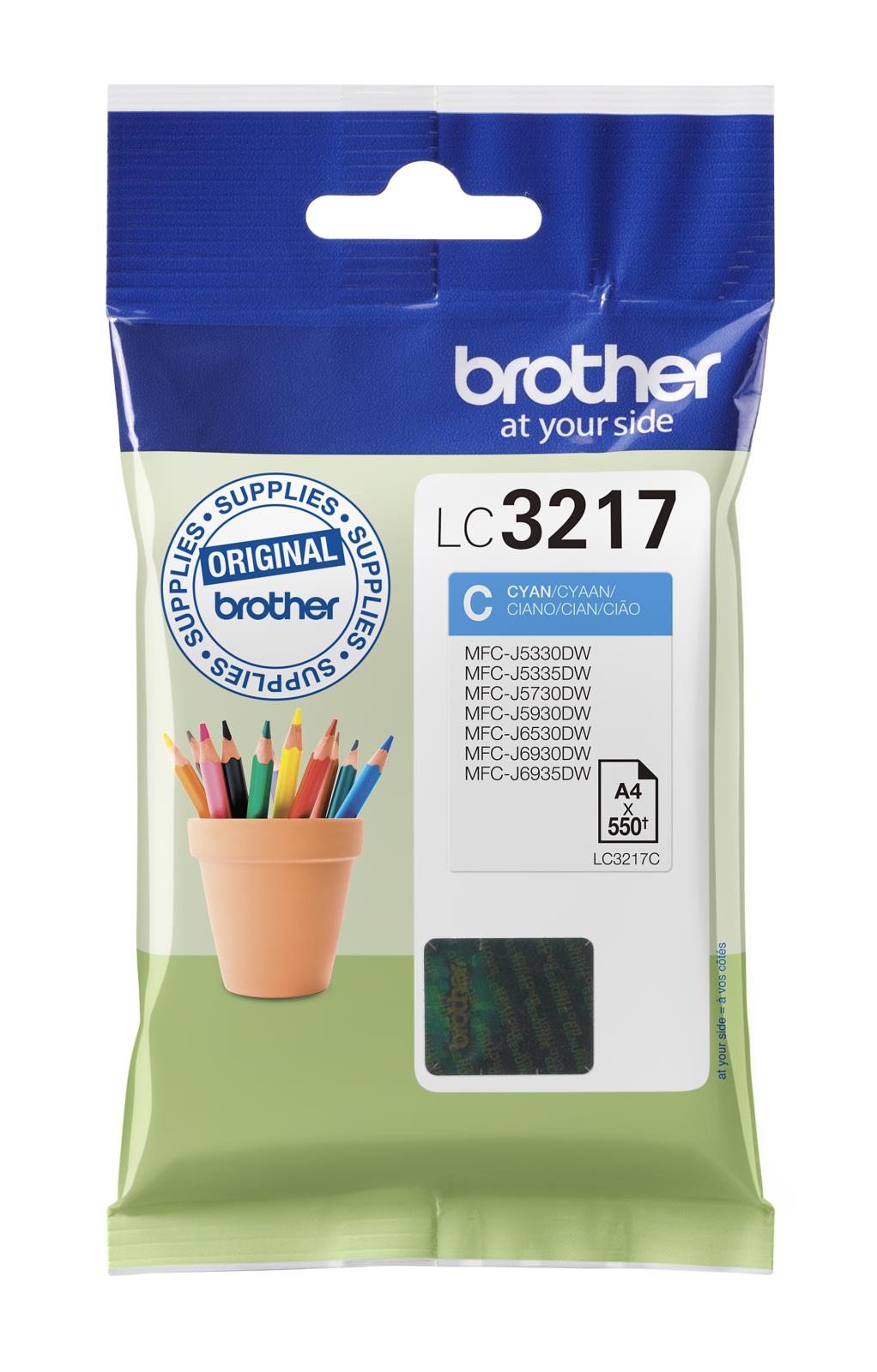Bläckpatron Brother 550 Sidor LC3217C Cyan i förpackning