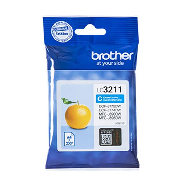 Bläckpatron Brother LC3211C Cyan i blå förpackning med citronillustration