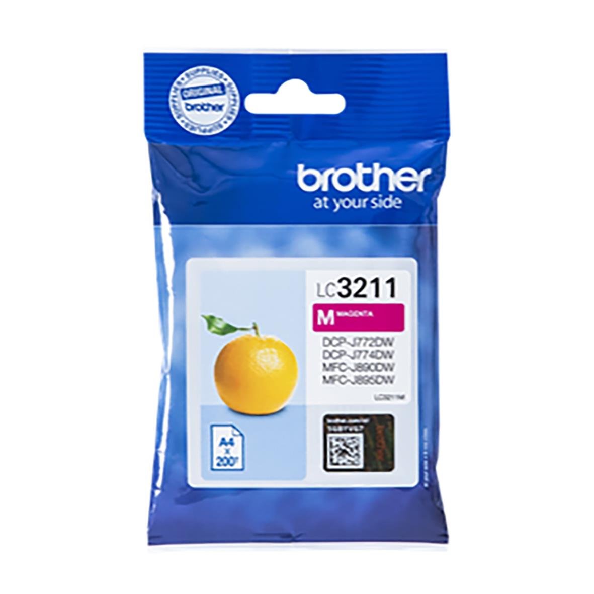 Magenta bläckpatron Brother LC3211M i blå förpackning med citronbild