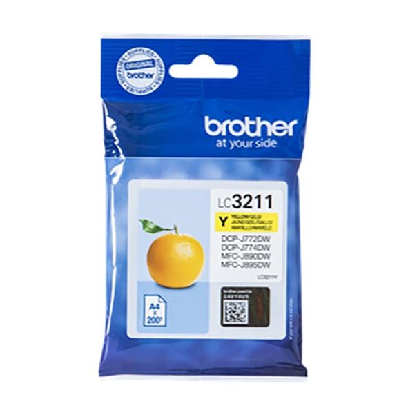 Gult bläckpatron Brother LC3211Y i blå förpackning med citronbild