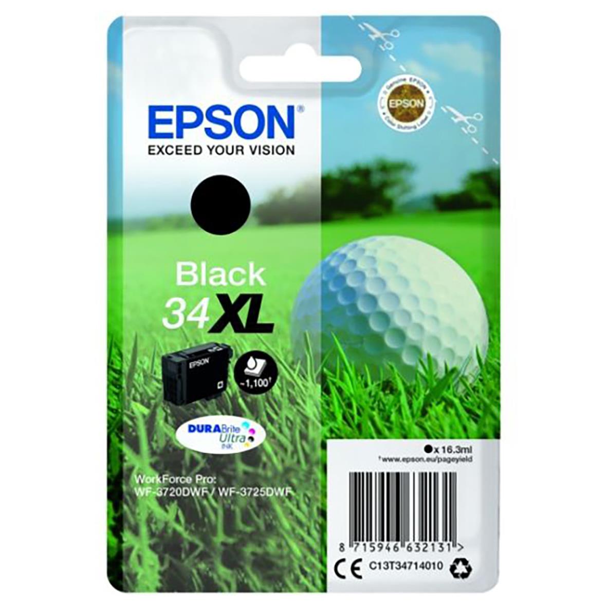Epson 34XL svart bläckpatron med golfbollsdesign och grön bakgrund