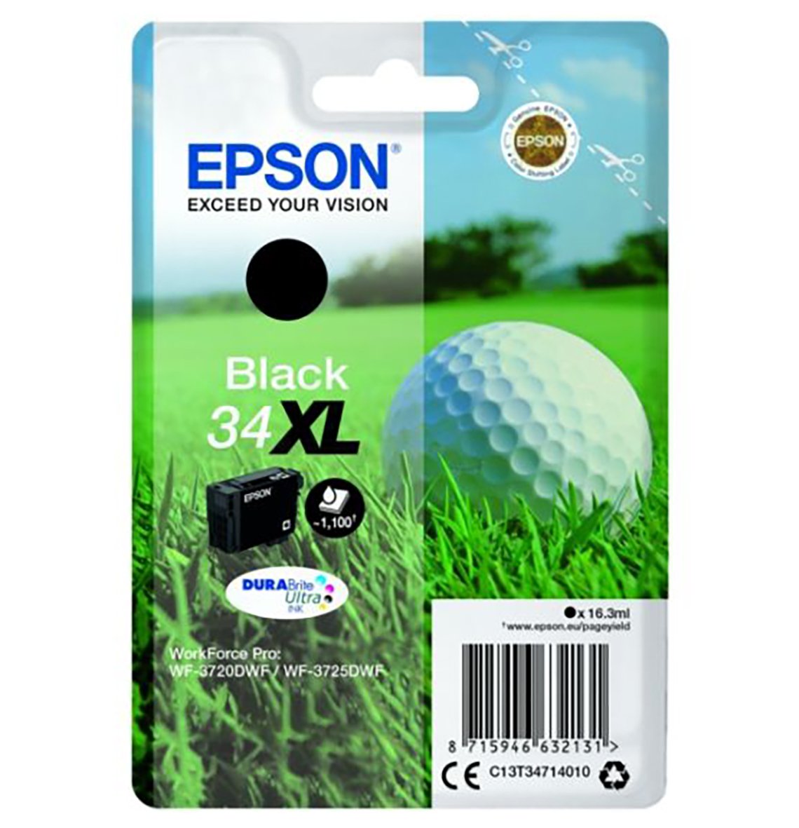 Epson 34XL svart bläckpatron med golfbollsdesign och grön bakgrund