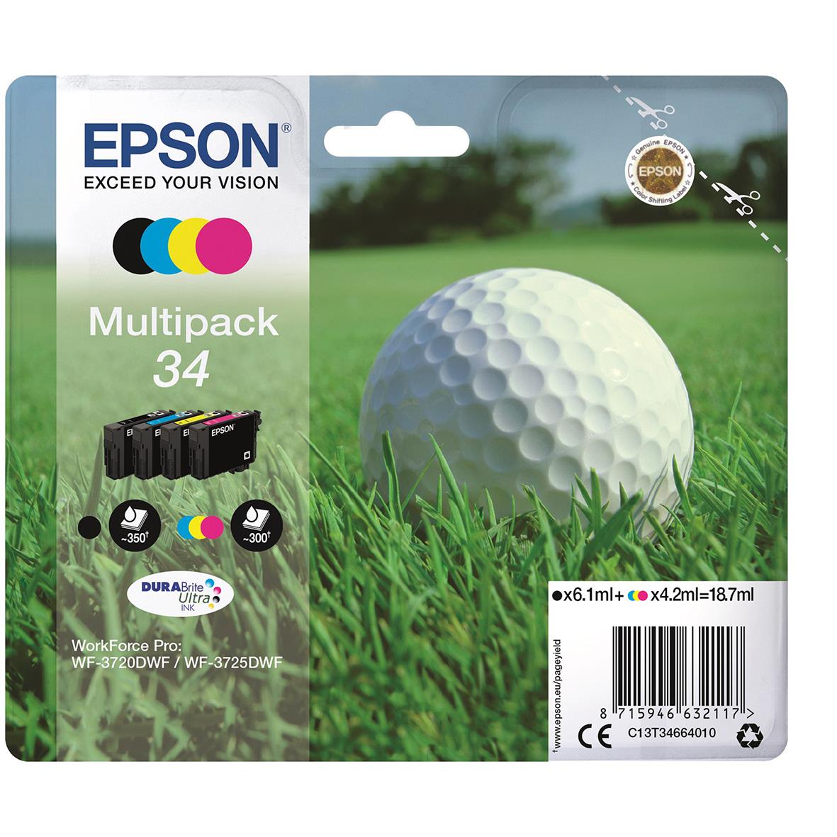 Epson 34 Multipack CMYK bläckpatron med golfboll och gräsmatta i bakgrunden