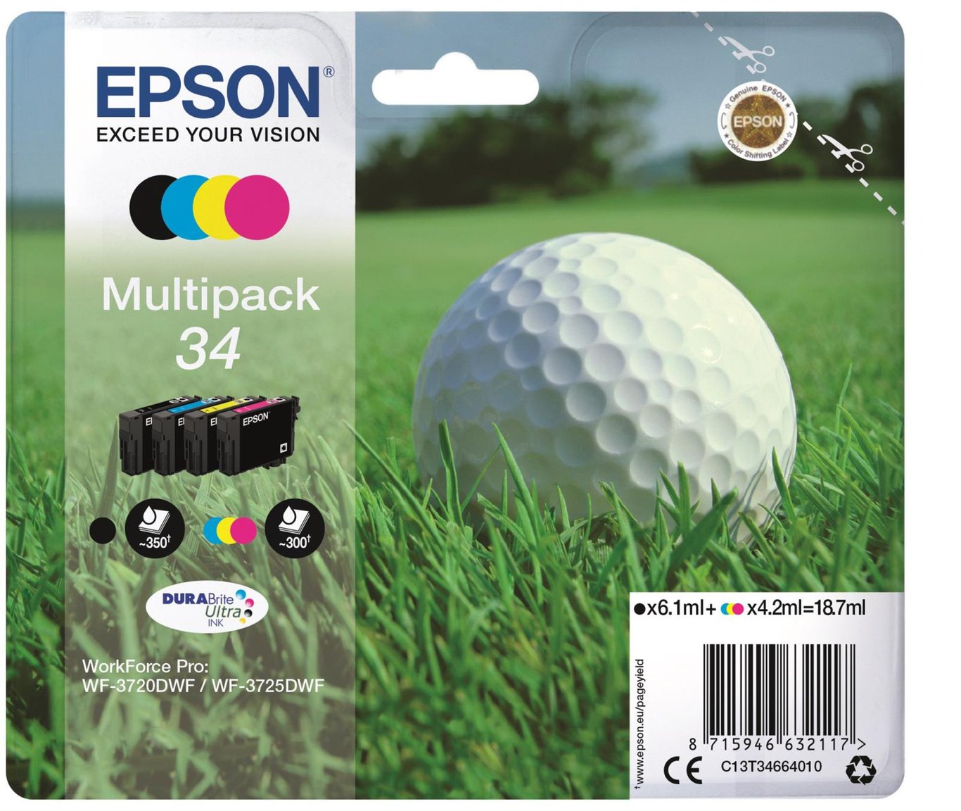Epson 34 Multipack CMYK bläckpatron med golfboll och gräsmatta i bakgrunden