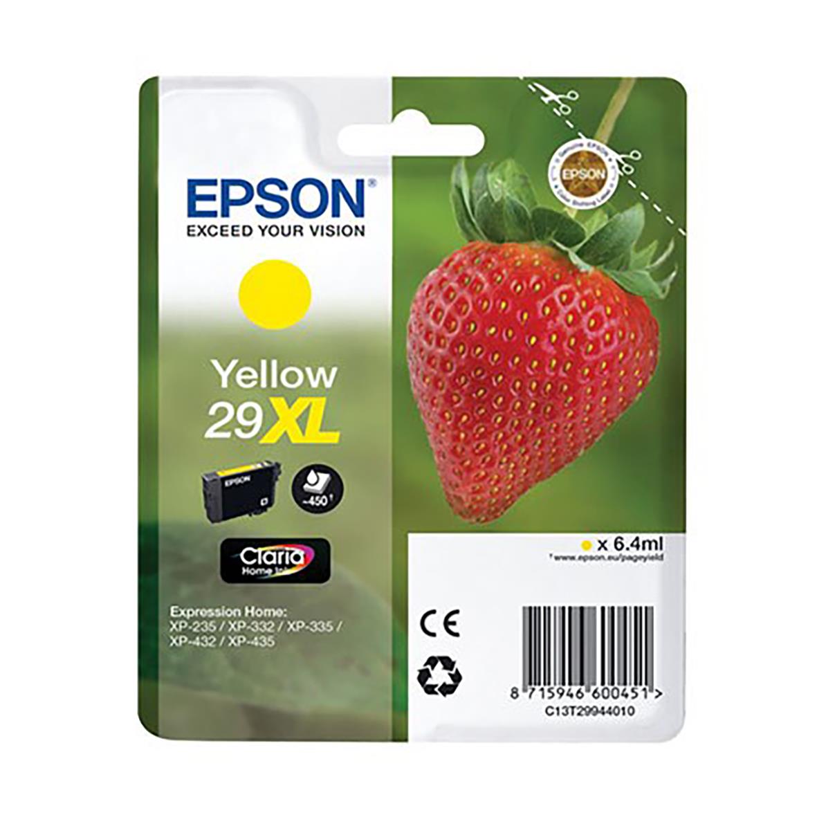 Epson 29XL gul bläckpatron med bild av en jordgubbe och produktinformation