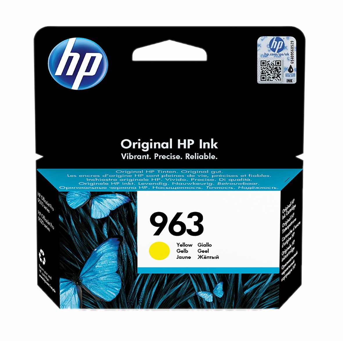 HP bläckpatron No 963 gul för 700 sidor, paket med blå fjäril och svart bakgrund