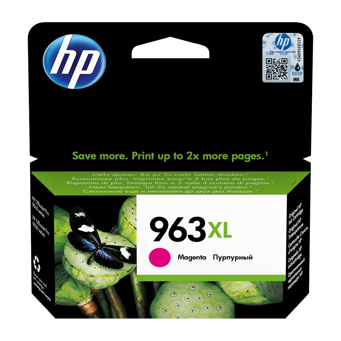 HP 963XL magentapatron för skrivare, kan skriva upp till 1600 sidor, förpackning med produktkod 3JA28AE