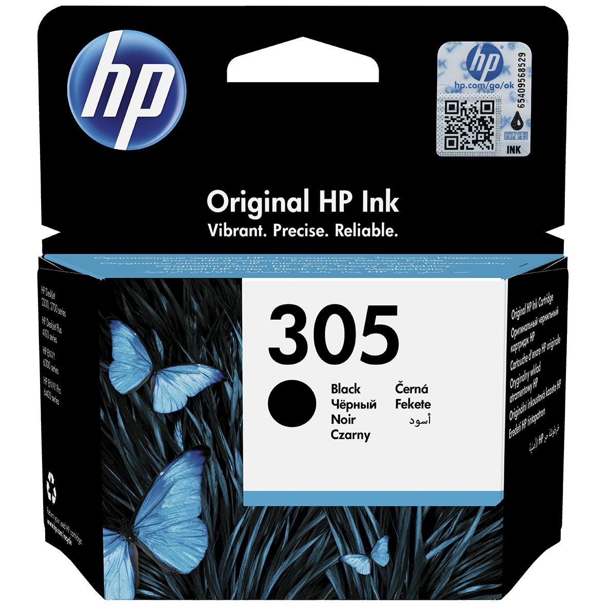 HP 305 svart bläckpatron för 120 sidor med blå fjärilar på förpackningen