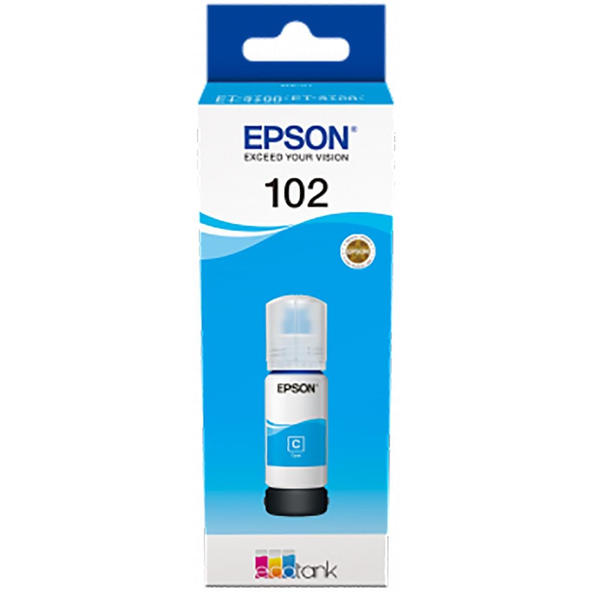 Bläckrefill Epson T102 Cyan för 6000 sidor, blå och vit förpackning