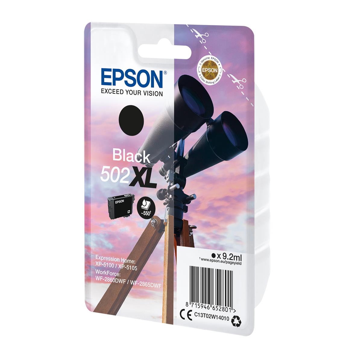 Epson 502XL svart bläckpatron i förpackning med bild av kikare och himmel