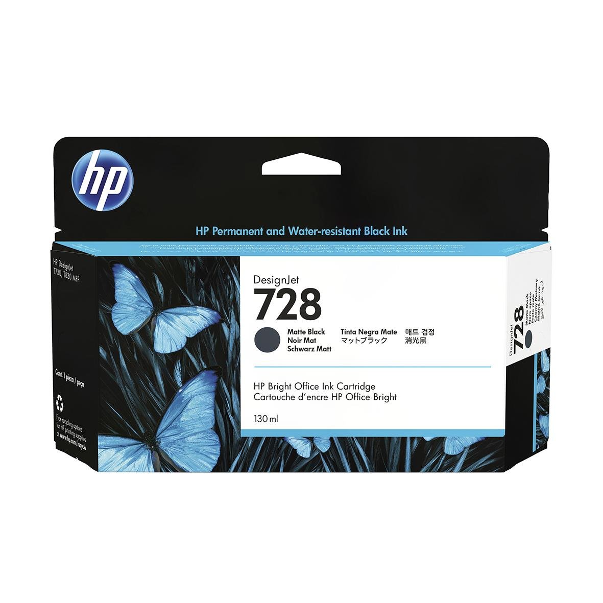 HP 728 svart bläckpatron 130ml för skrivare med blå fjärilar på förpackningen