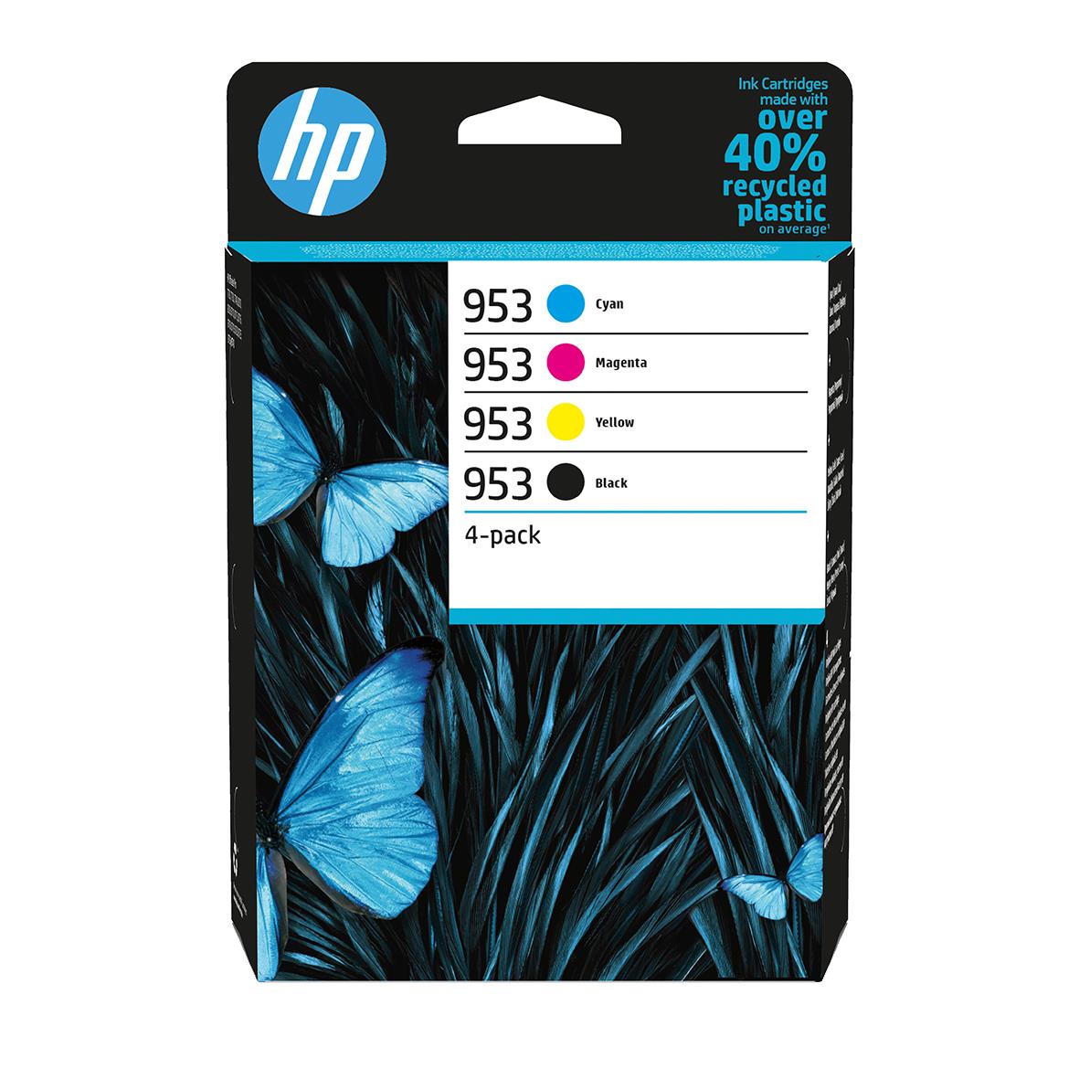 HP bläckpatron No 953 i färgerna cyan magenta gul svart i 4-pack med blå fjärilar på förpackningen