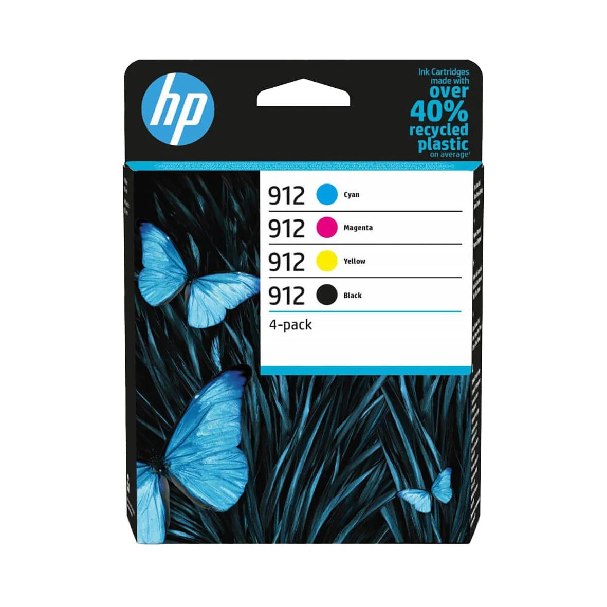 HP 912 bläckpatron multipack med cyan, magenta, gul och svart färg i förpackning med blå fjärilar
