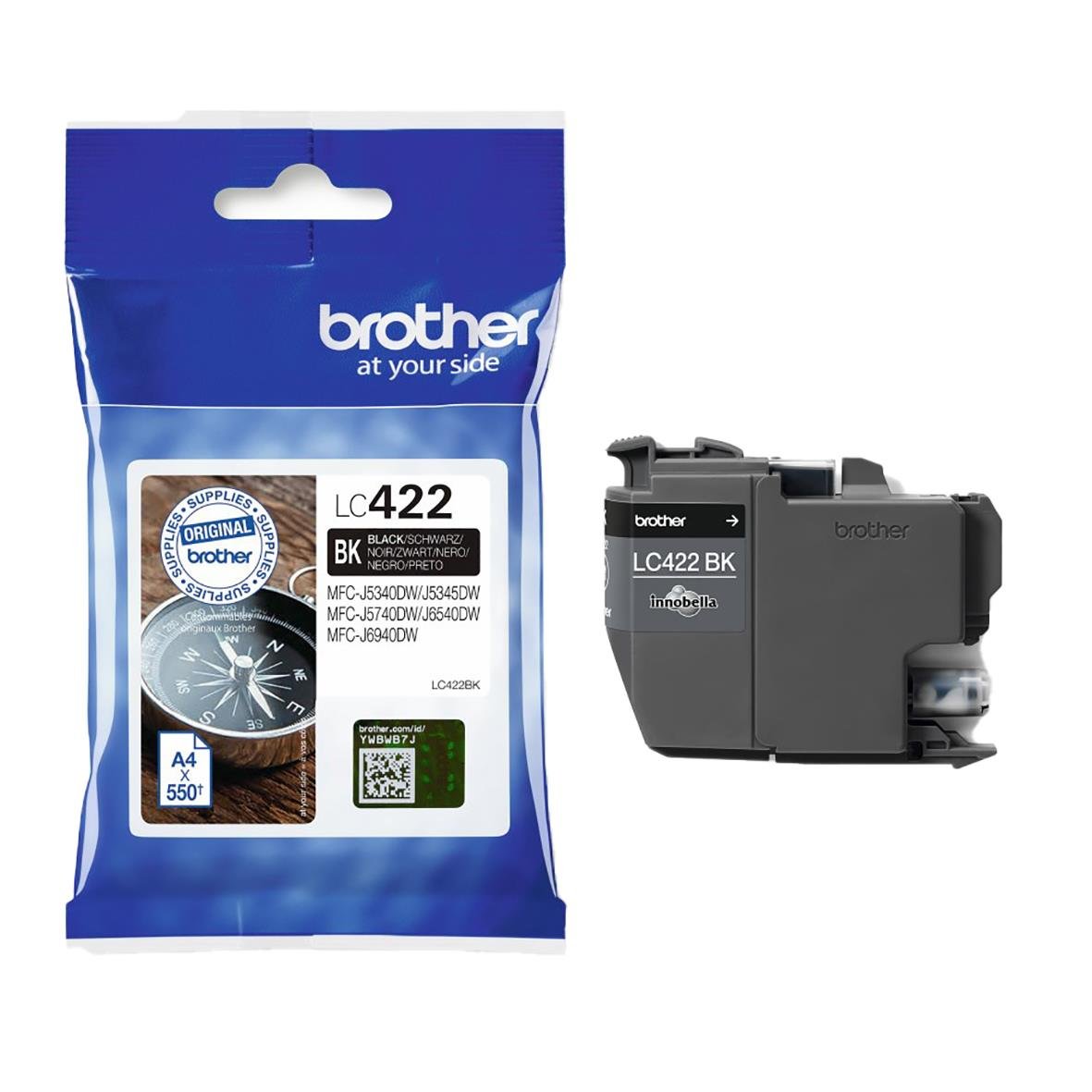 Bläckpatron Brother 550 Sidor LC422BK Svart i förpackning och skrivare