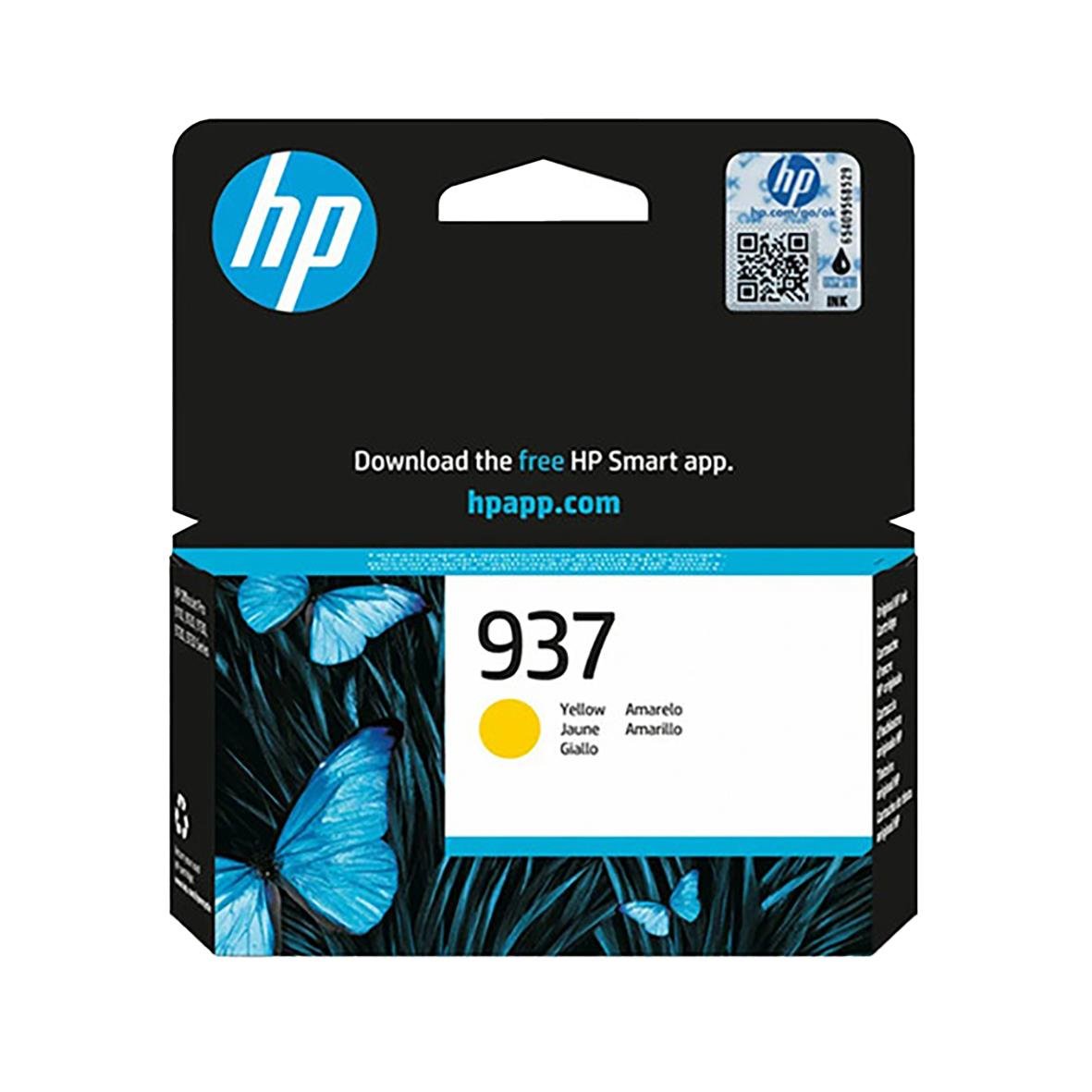 Gul HP 937 bläckpatron för 800 sidor med blå fjärilar på förpackningen