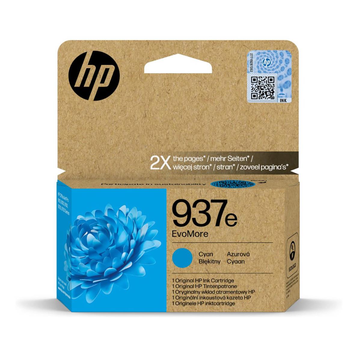 Bläckpatron HP 937e EvoMore Cyan för 1650 sidor, blå blomsymbol, QR-kod, HP-logga