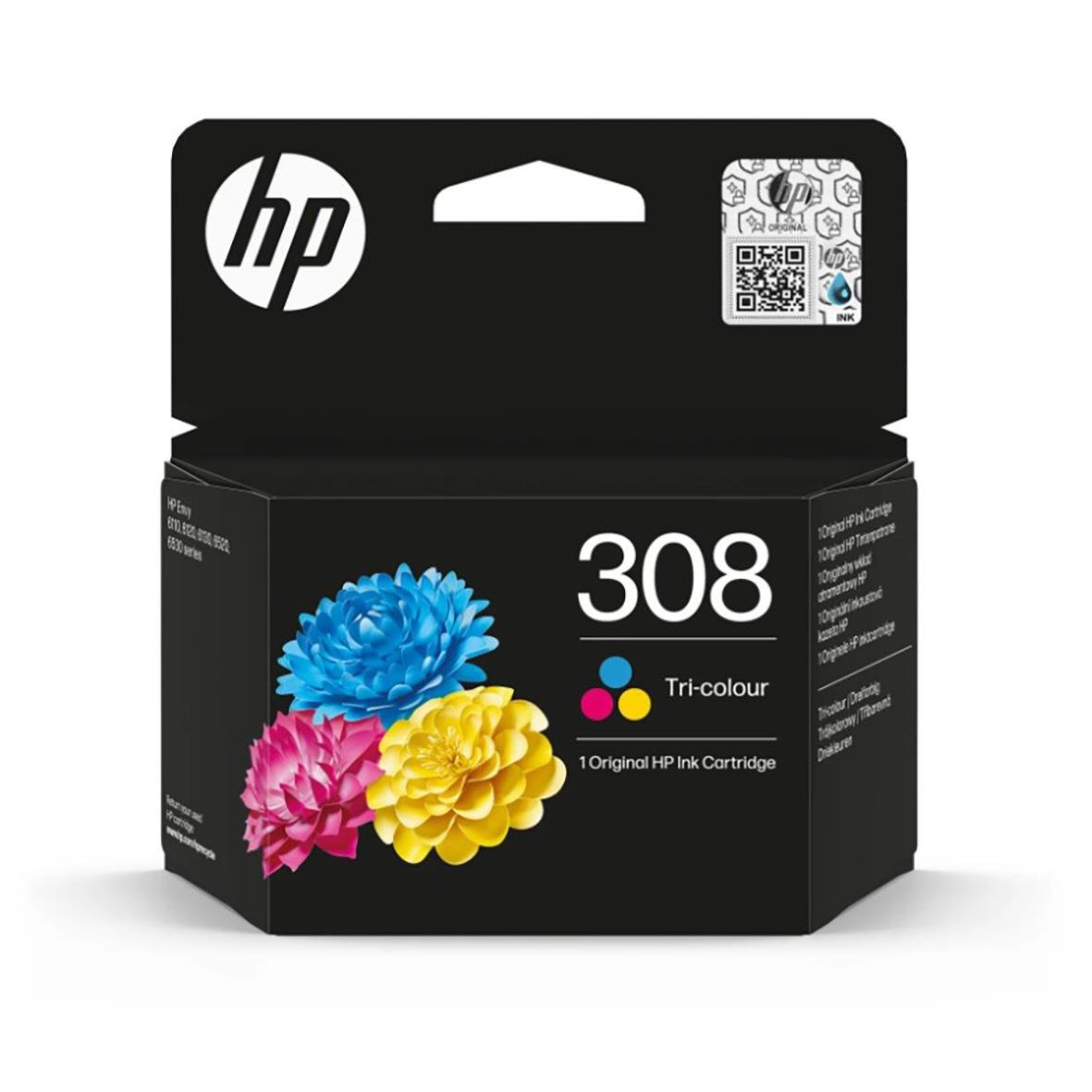 Färgad HP 308 bläckpatron med blå, rosa och gul blommor på förpackningen