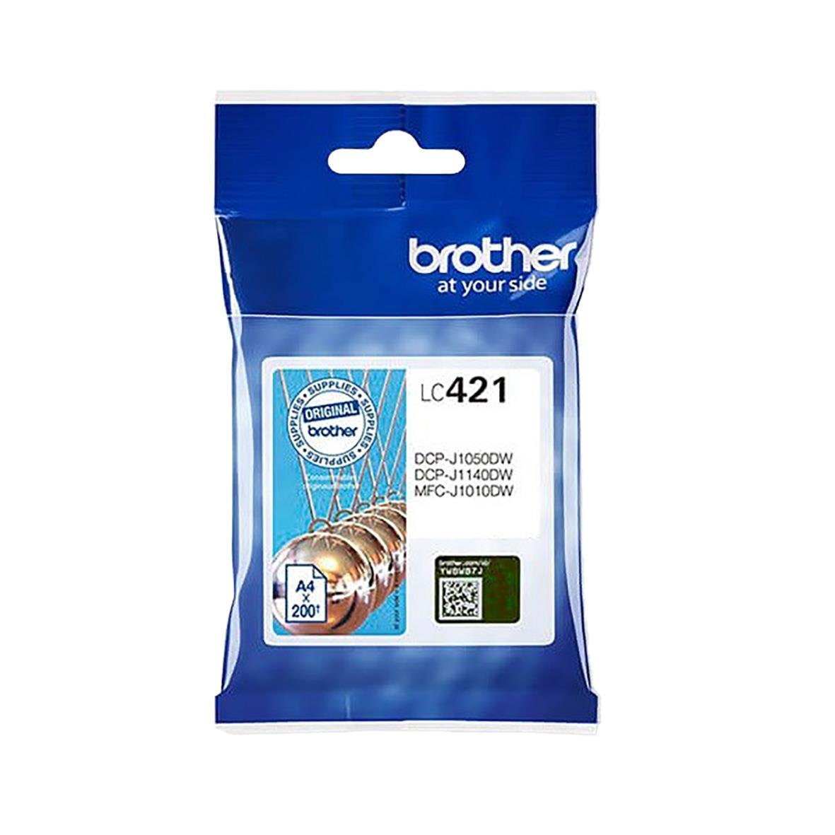 Bläckpatron Brother LC421C Cyan för 200 sidor i blå förpackning