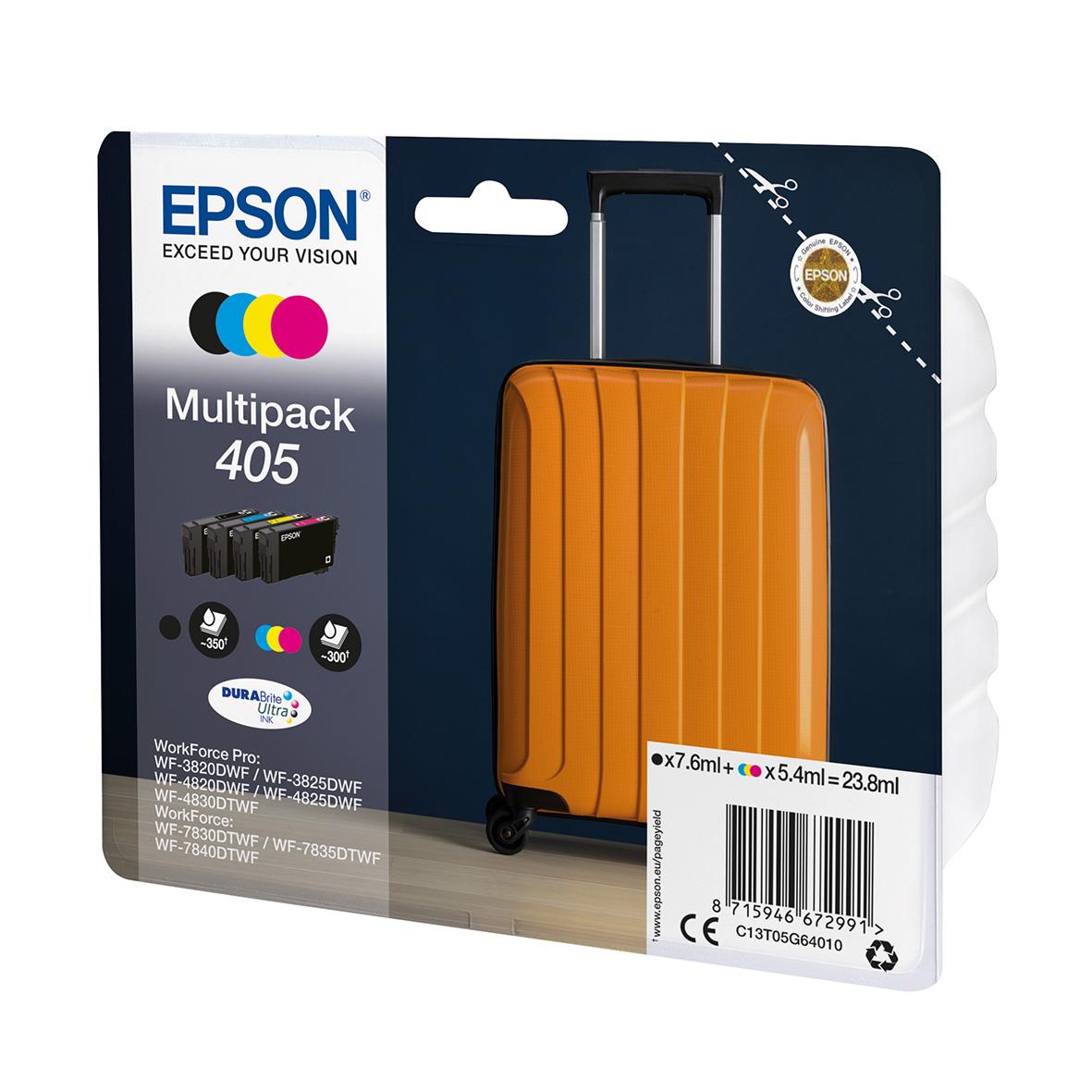 Epson 405 multipack bläckpatron i förpackning med orange resväska