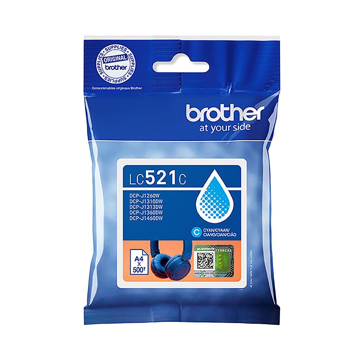 Bläckpatron Brother LC521C Cyan i blå förpackning med Brother-logga och produktinformation
