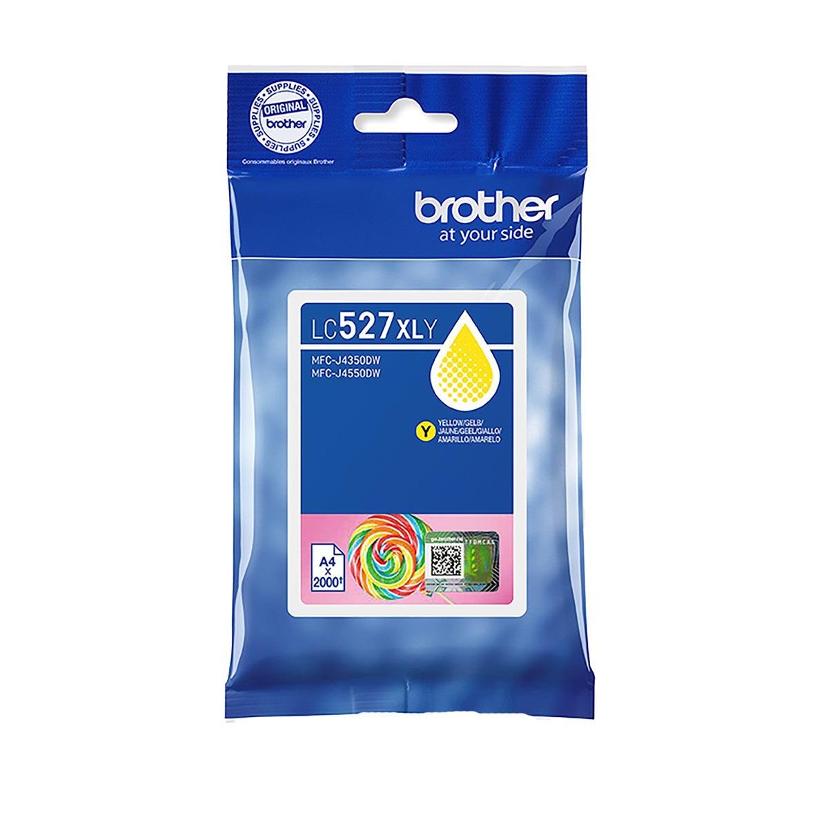 Bläckpatron Brother LC527XLY gul för skrivare i blå förpackning
