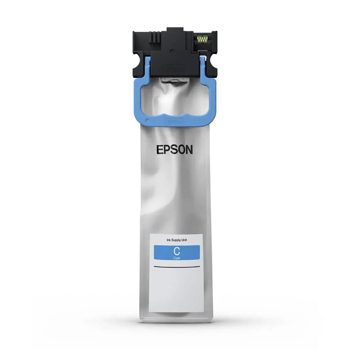 Epson bläckpatron i plastbehållare med blå och svart färg och kontakt för skrivare