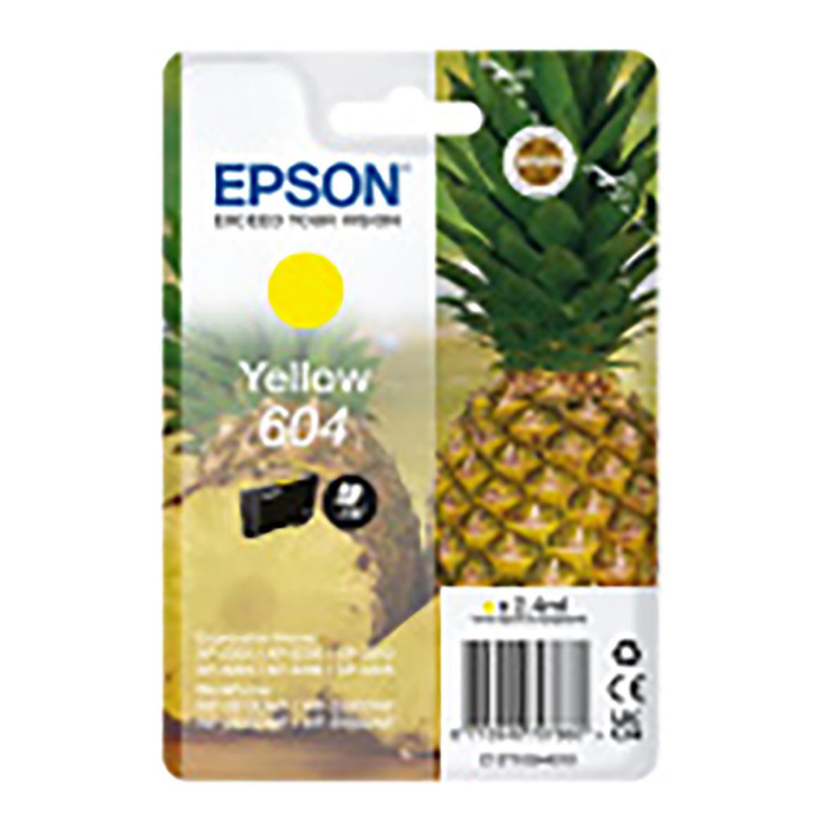 Epson T604 gul bläckpatron för skrivare med ananasbild på förpackningen
