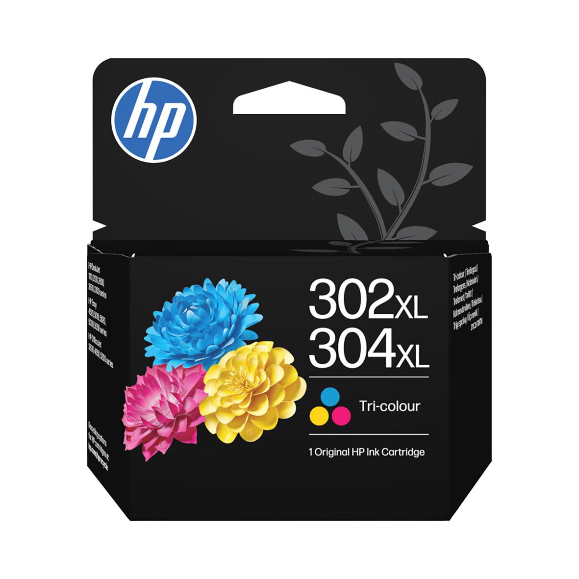 Bläckpatron HP No302XL/304XL B7RT8AE 3-färg med blå, rosa och gul blommor på förpackningen