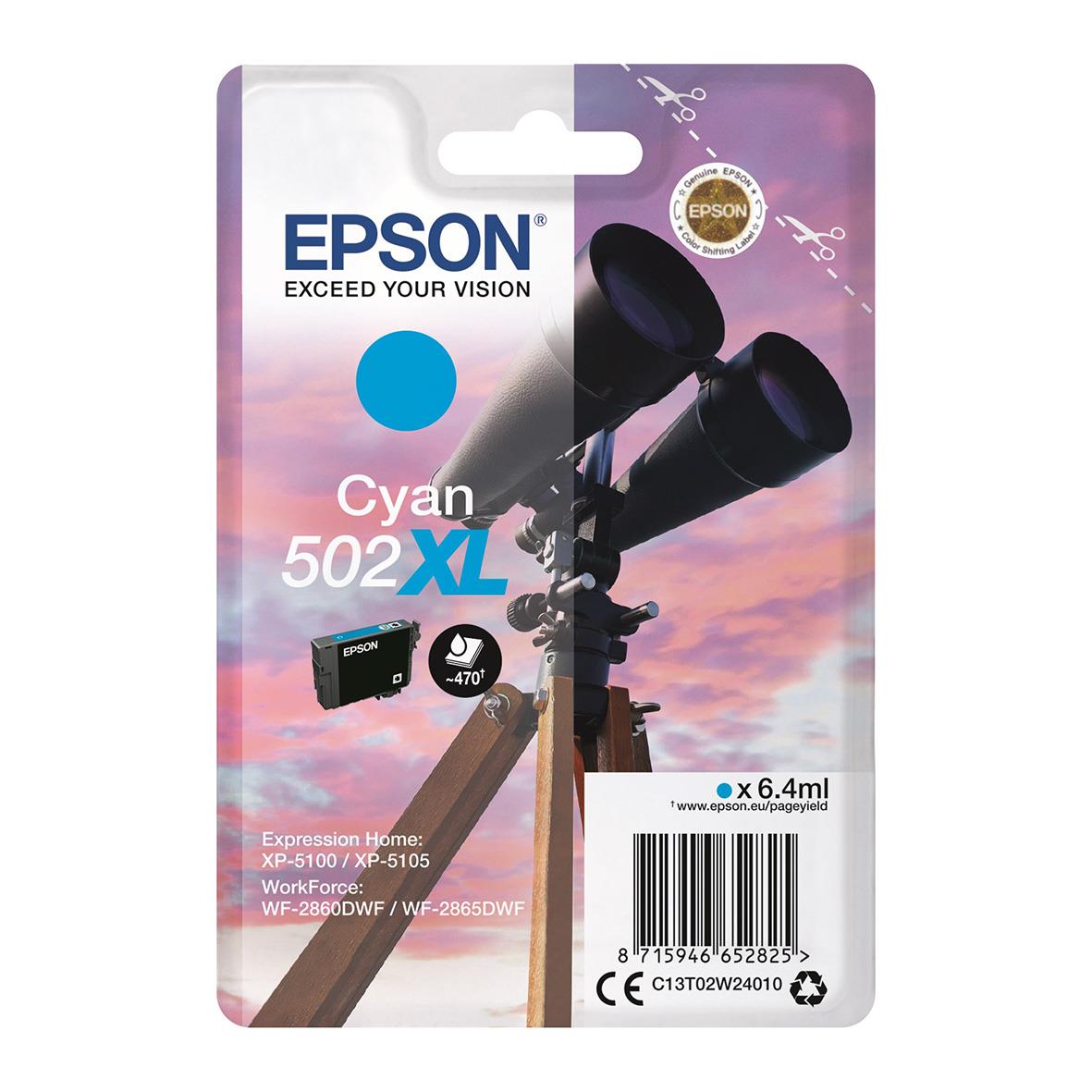 Bläckpatron Epson 502XL Cyan i förpackning med bild av kikare och himmel i bakgrunden