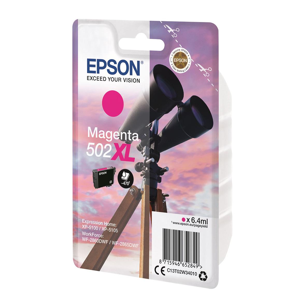 Epson 502XL magentafärgad bläckpatron i förpackning med bild av en gitarr och teleskop