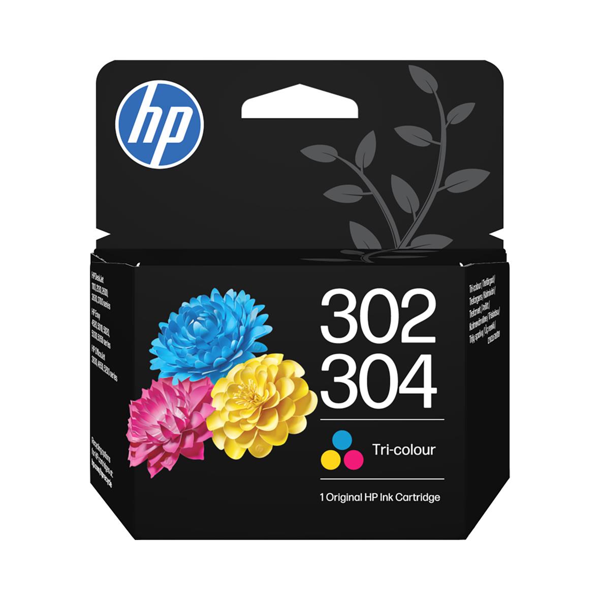 HP bläckpatron No302/304 tri-färg med blå, rosa och gul blommor på svart förpackning