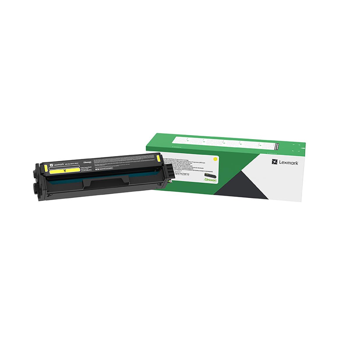 Gul laser tonerkassett för Lexmark 20N2XY0 med 26000 sidor, visas med förpackning och kassett