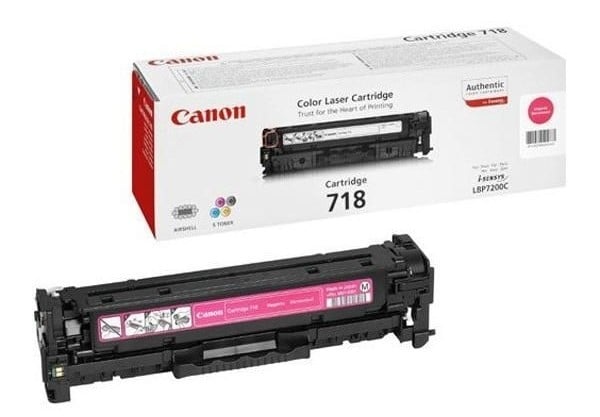 Canon 718M magentafärgad laser tonerkassett i förpackning och utbytesdel