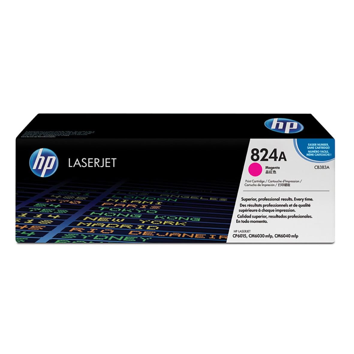 HP 383A magenta lasertoner i svart förpackning med HP-logga och modellnummer 824A