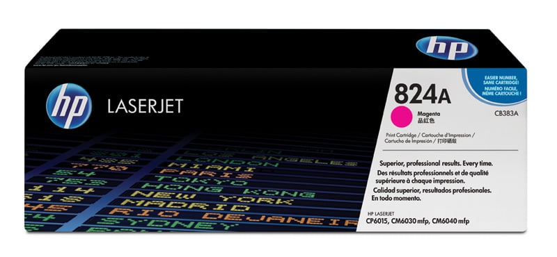 HP 383A magenta lasertoner i svart förpackning med HP-logga och modellnummer 824A