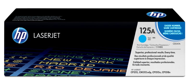 HP 125A CB541A Cyan lasertoner i förpackning med blå och vit design