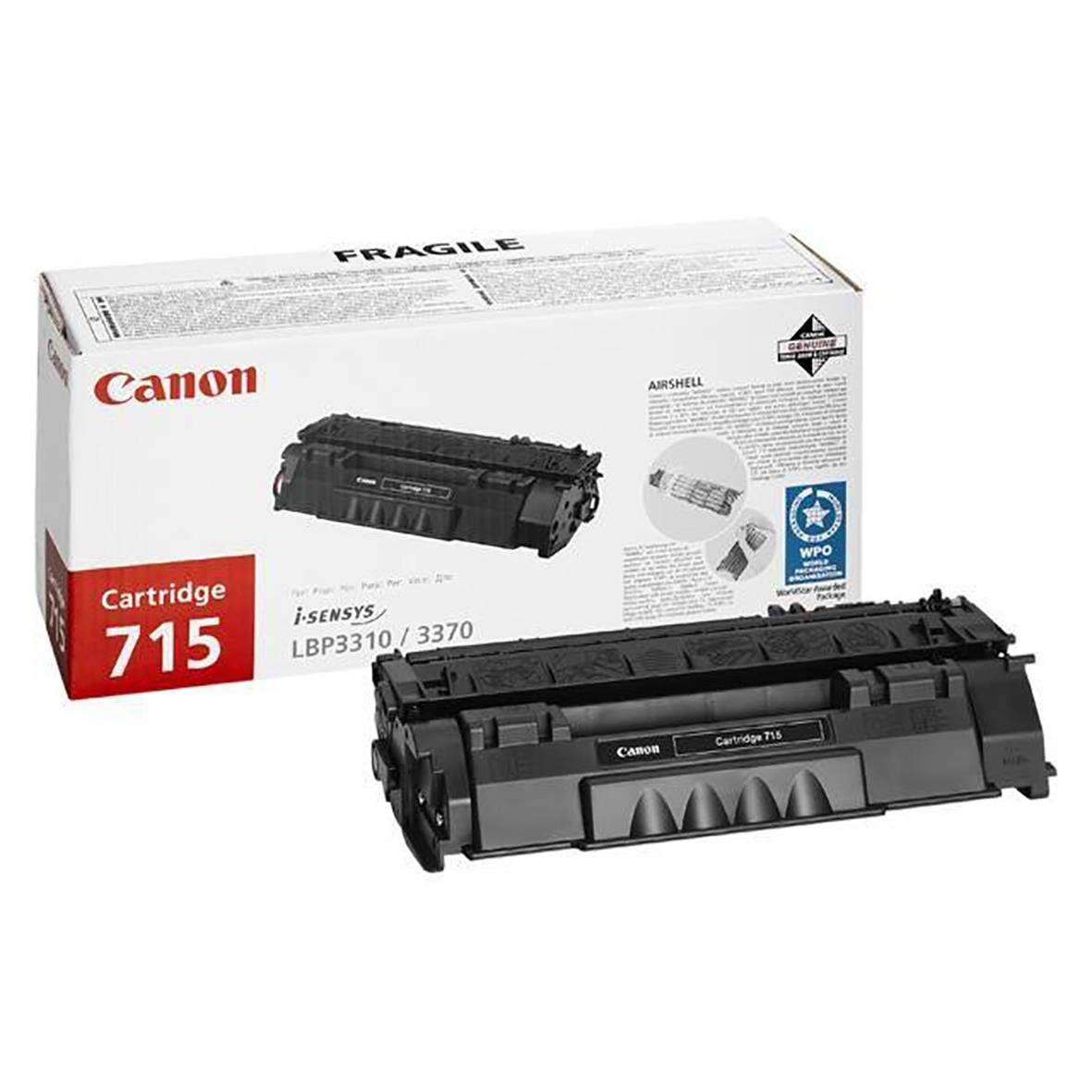 Lasertoner Canon CRG715 för skrivare, svart toner, förpackning och tonerpatron