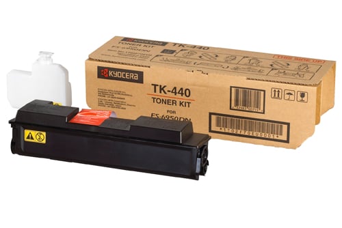 Svart lasertoner Kyocera TK-440 i förpackning med toner och flaska