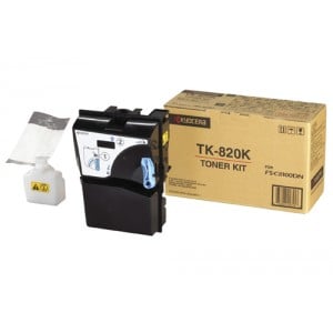 Svart lasertoner Kyocera TK-820 i förpackning med toner och instruktioner