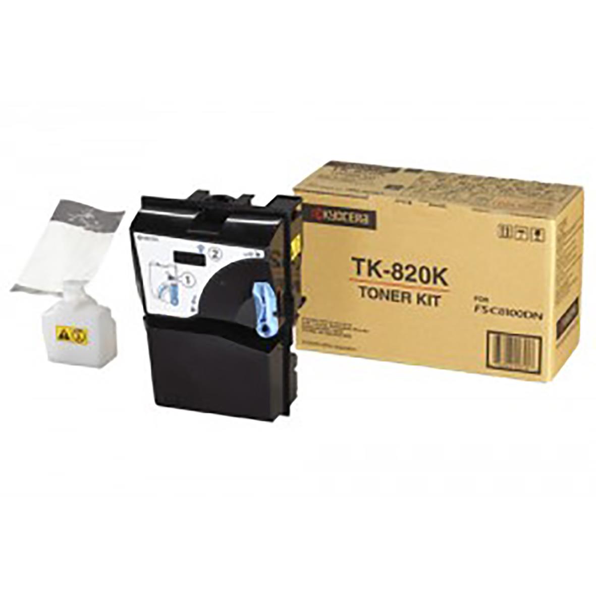 Svart lasertoner Kyocera TK-820 i förpackning med toner och instruktioner