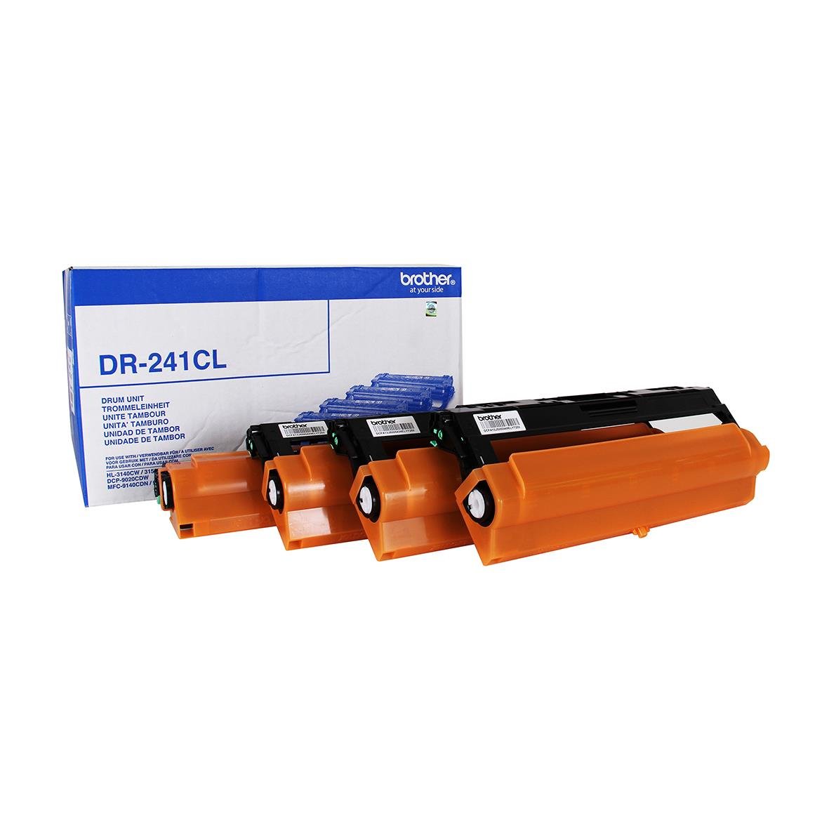 Tre toner för Brother skrivare, orange och svart, i förpackning