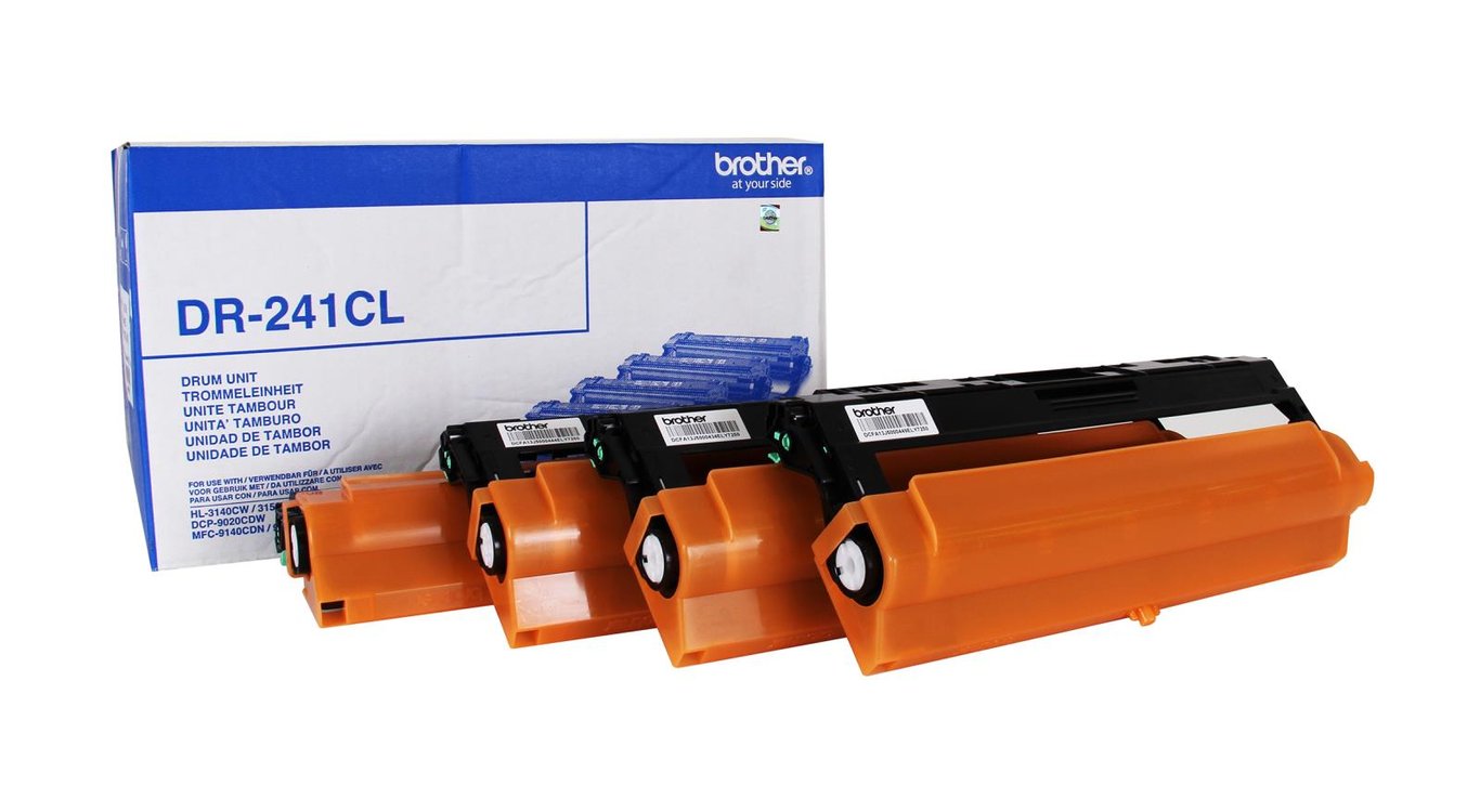 Tre toner för Brother skrivare, orange och svart, i förpackning