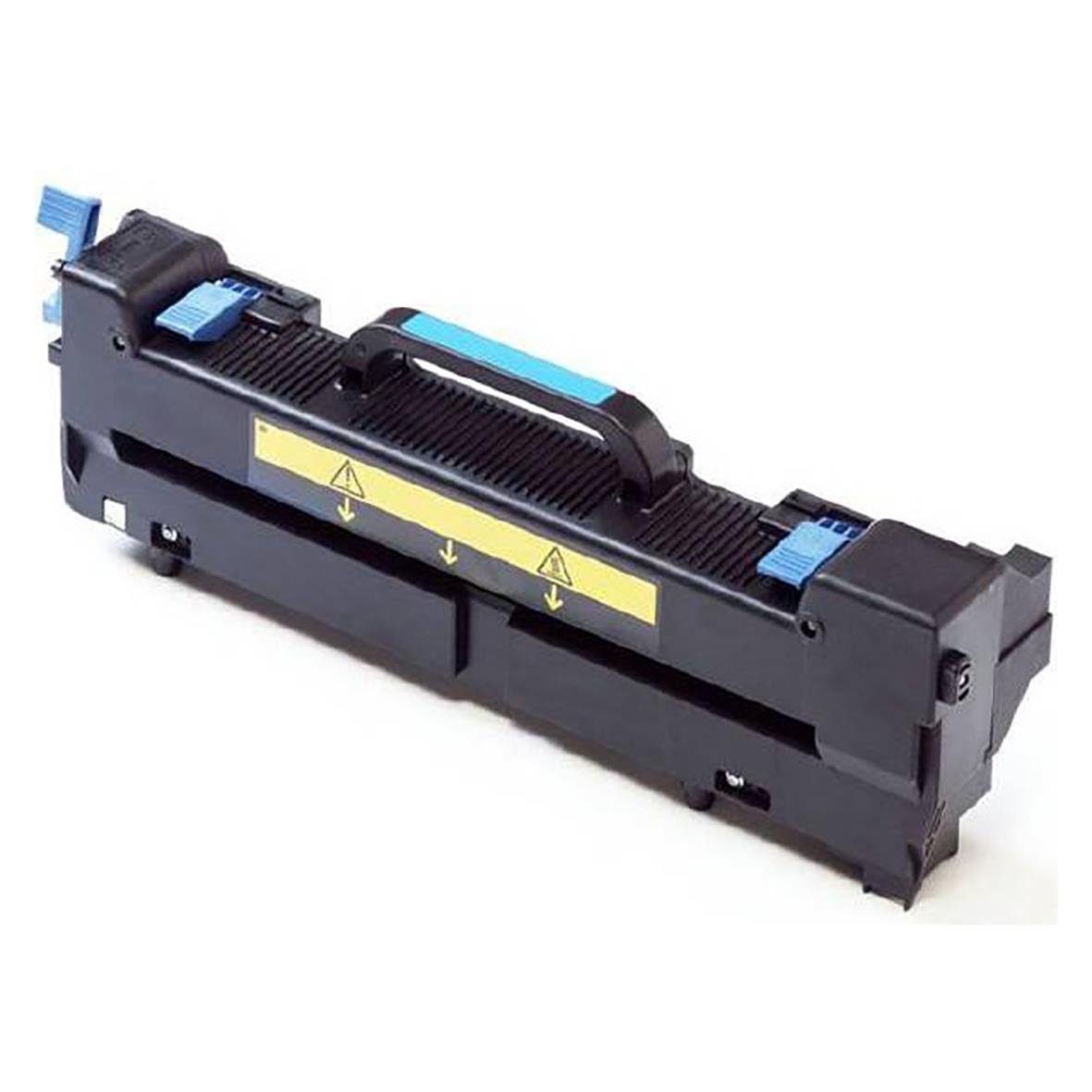 Fuser-enhet för OKI skrivare, tydligen i gott skick, med varningsetiketter och blåa låsdetaljer