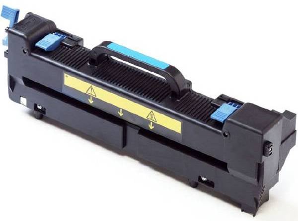 Fuser-enhet för OKI skrivare, tydligen i gott skick, med varningsetiketter och blåa låsdetaljer